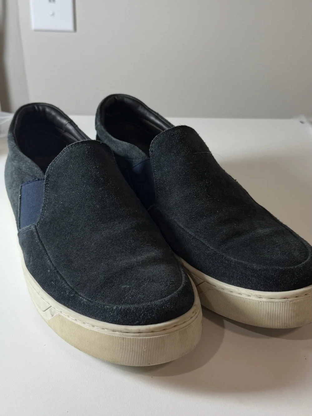 To Boot New York Adam Derrick Navy Suede Leather Slip-On Loafers with White Sole